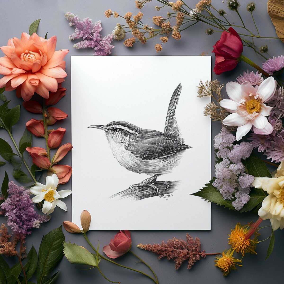 ORIGINAL Carolina Wren Pencil Drawing, American Garden Bird Wall Art