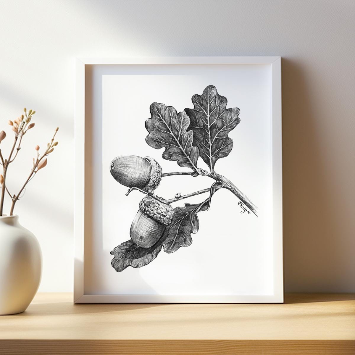 Acorn Art PRINT, Nut Graphite Pencil Drawing, Woodland Decor