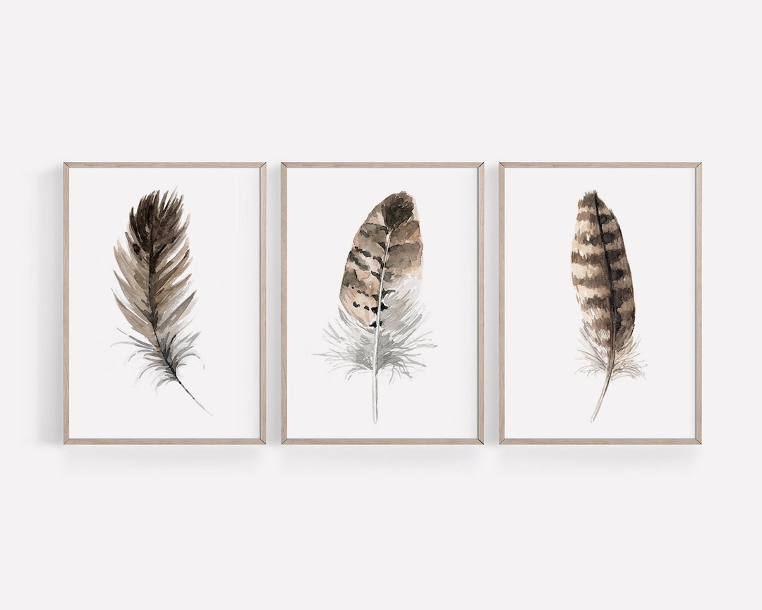 PRINTABLE Feather Art Set of 3 - Watercolour Feather Paintings, Neutral ...