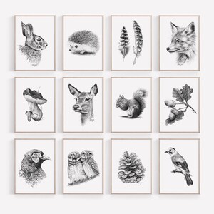 PRINTABLE Woodland Wall Art PRINT Set of 12, Pencil Drawing Autumn Animals Wall Art, Forest Woods Decor, Print from Original Pencil Sketch