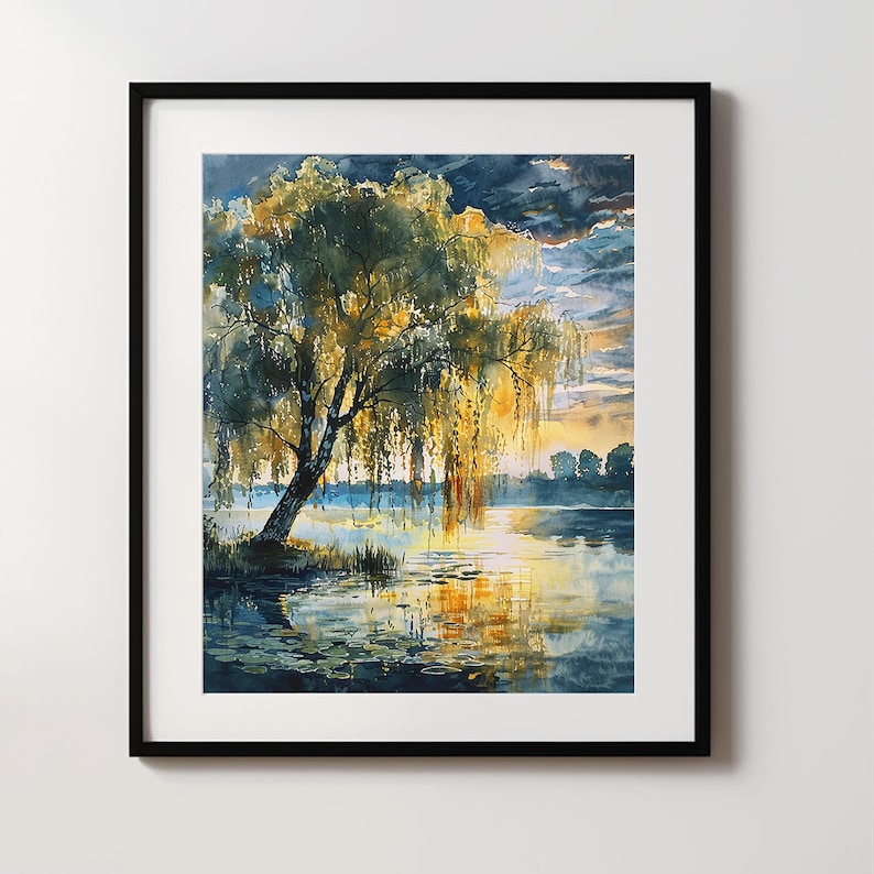 Weeping Willow Tree Art PRINT, Lake at Sunset Watercolour Painting Wall ...