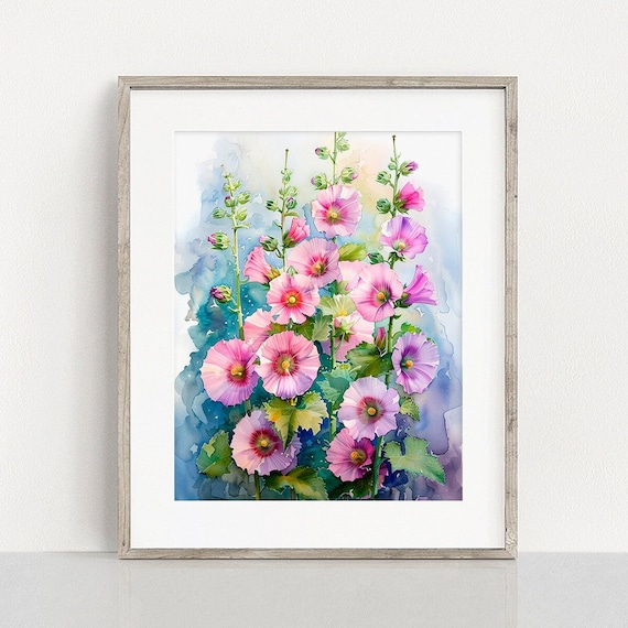 【本人直筆サイン付】Carol Pugh 水彩画 Hollyhocks Hollyhocks Art PRINT, Garden Flowers Watercolour Painting Wall Art