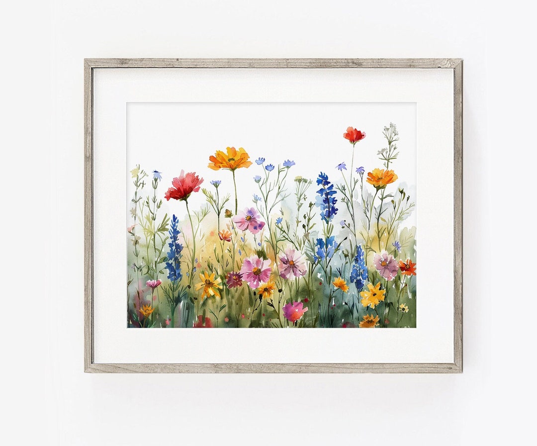 Wildflowers Art PRINT, Flower Meadow Watercolor Painting Wall Art