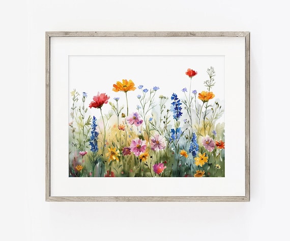Wildflowers Art PRINT, Flower Meadow Watercolor Painting Wall Art