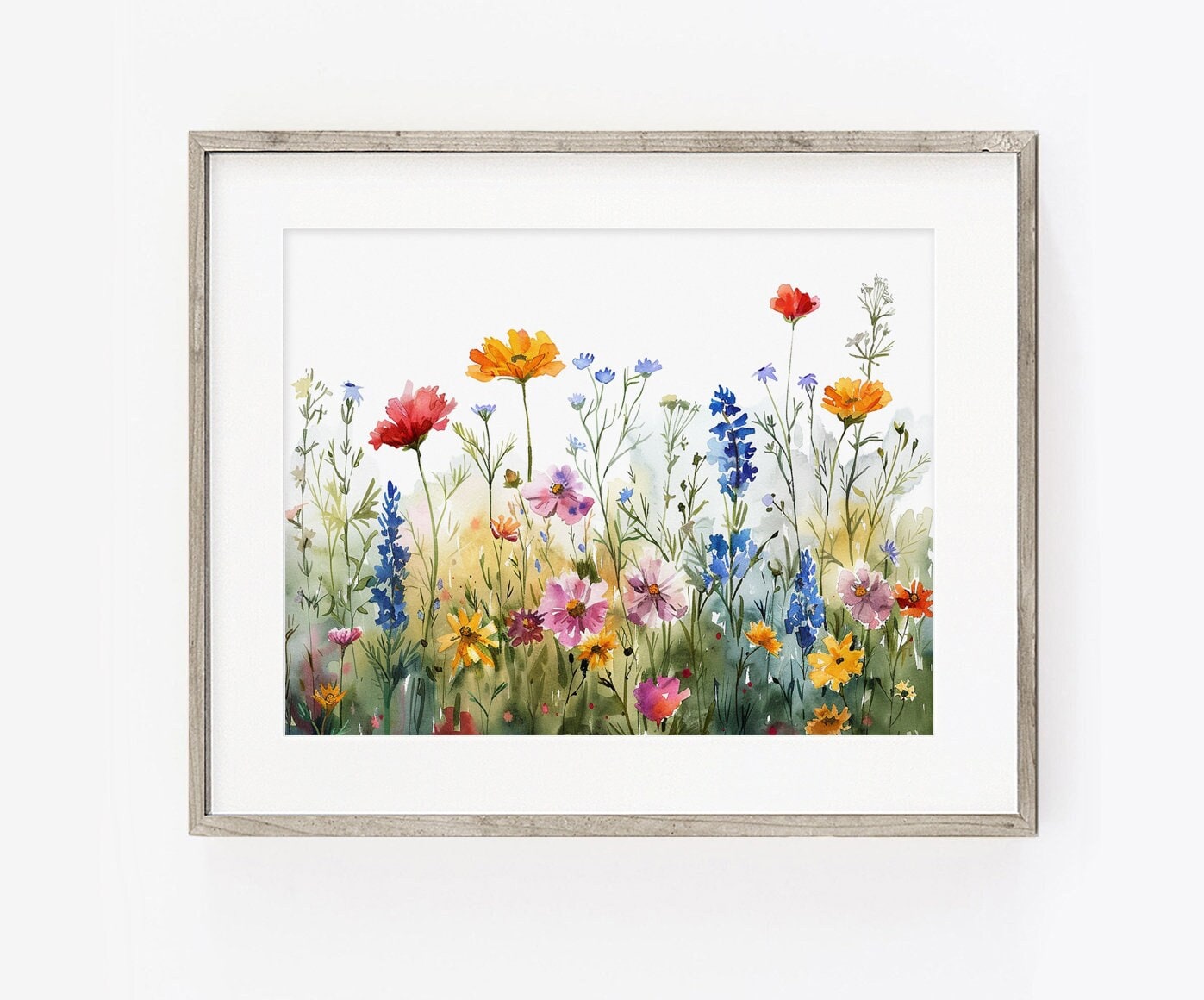 Wildflowers Art PRINT, Flower Meadow Watercolor Painting Wall Art