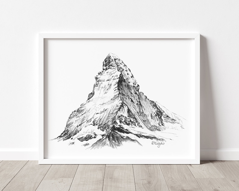 PRINTABLE Mountain Landscape Art Print, Matterhorn Pencil Drawing, Minimalist Sketch, Black and White Poster INSTANT DOWNLOAD image 3