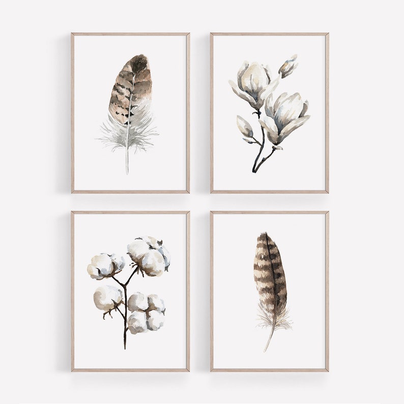 PRINTABLE Rustic Art Set Of 4 Watercolor Feathers Cotton Magnolia Painting, Neutral Bedroom Art, Cottagecore Rustic Decor Instant Download image 1