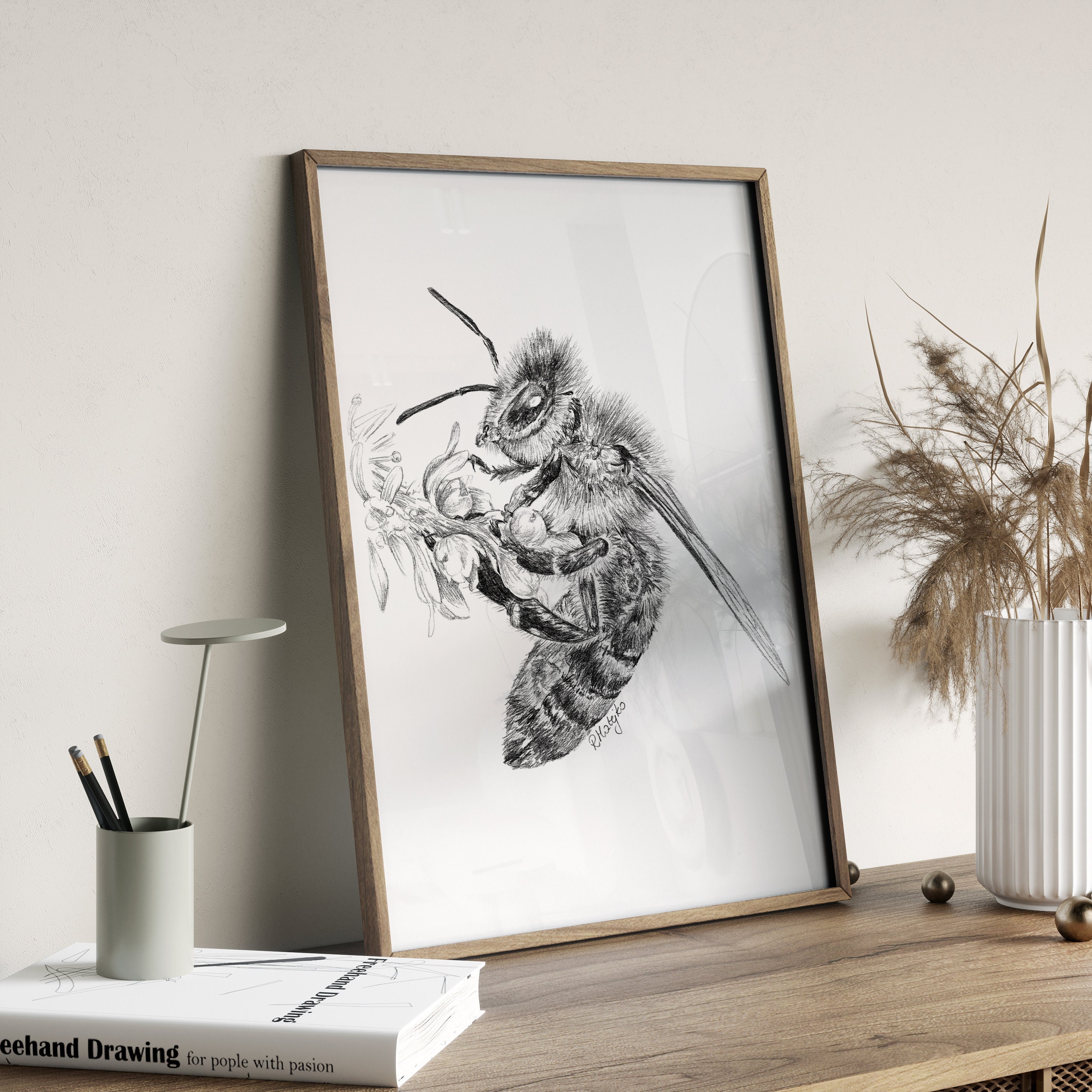 Honey Bee Art PRINT, Pencil Drawing Wall Art, Nature Decor, Insect