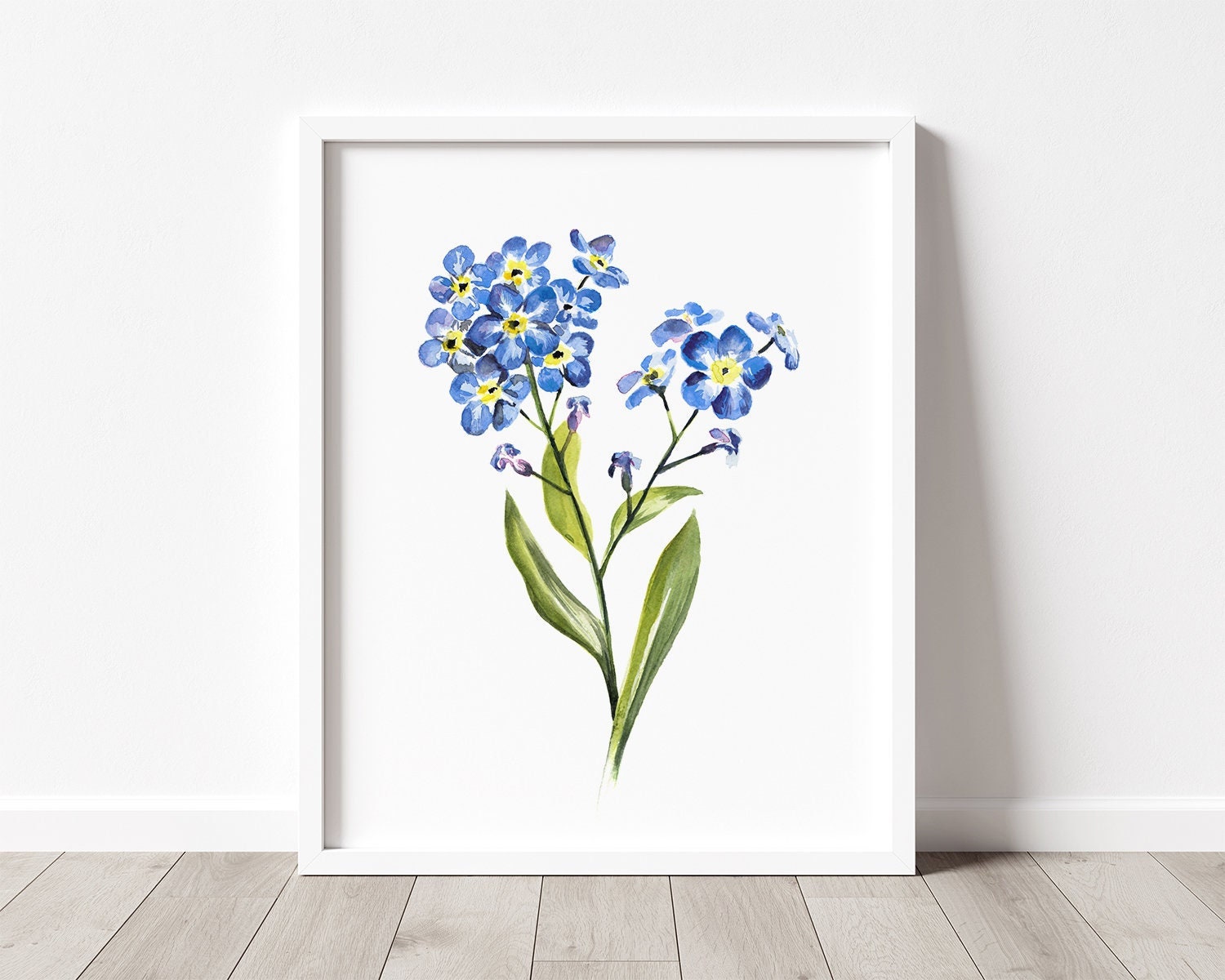 印刷可能な忘れな草の水彩画、忘れな草の絵画、野生の花の装飾、青い
