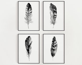 PRINTABLE Gray Feather Art Set Of 4 - Watercolor Gray Feathers, Woodland Bird Feather Painting, Feather Bedroom Art, Instant Download ACC267