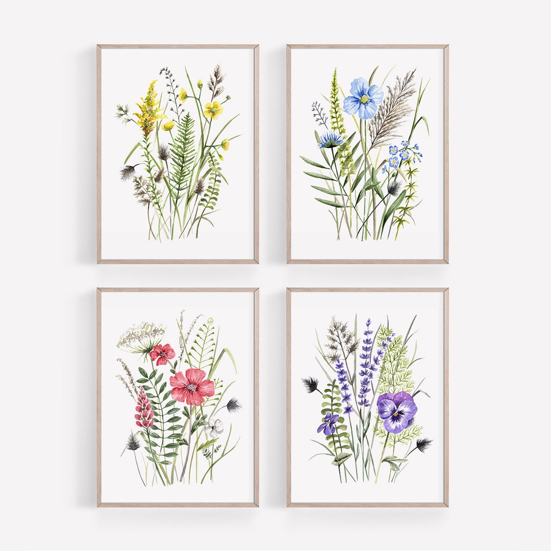 Wildflowers Wall Art PRINT Set of 4, Meadow Flower Watercolor Painting ...