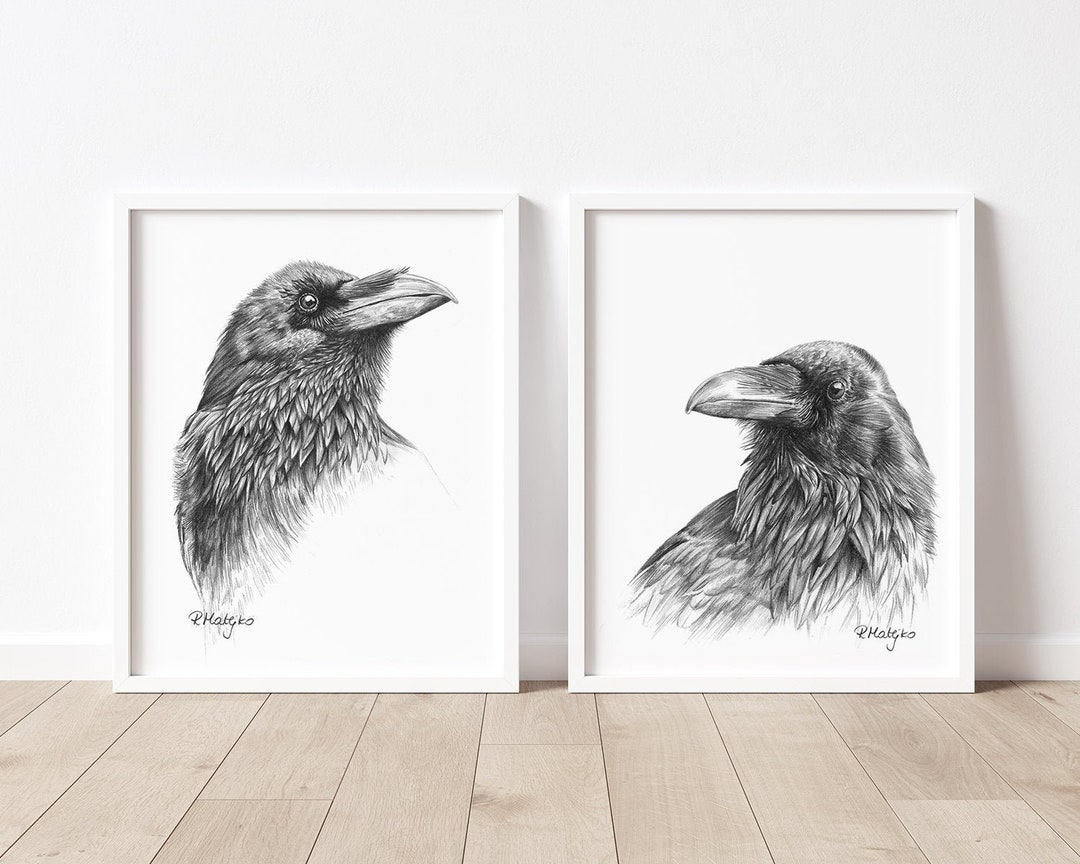 PRINTABLE Ravens Art Print Set of 2 Printable Bird Pencil - Etsy