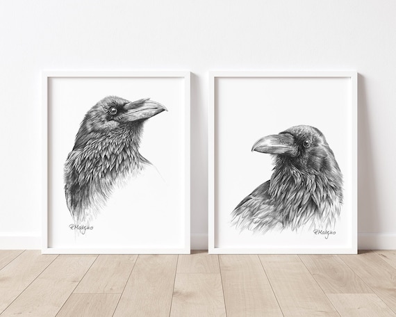 Ravens Art PRINT Set of 2, Bird Pencil Drawing Wall Art, Corvid