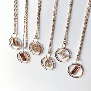 K-Pop Logo Rose Gold Dangle Decagon Mirrored Acrylic Necklaces (ACE, ateez, The Rose, Pentagon, SuperM, BTS, or Custom)