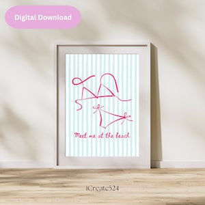 Pink Bikini Wall Art, Meet Me At The Beach, Teen Girl Wall Art, Beach House Poster, Light Blue Wall Art, Girly Beach Print, Beachy Wall Art