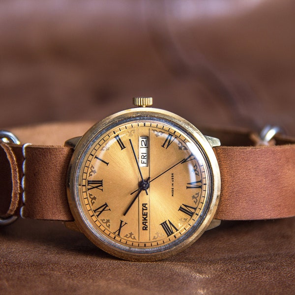 Relógio Rocket Vintage mecânico raro retrô dos anos 70, relógio masculino colecionável original funcionando de corda manual, 19 rubis cal2628, dia e data, pulseira NATO, presente para ele.