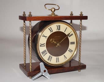 Vintage mechanical clock Vesna Wooden desk clock with a key Made in USSR in 1960s Serviced by a master watchmaker Appearance in the photo