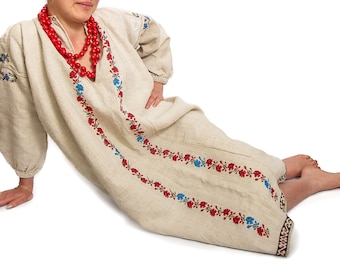 Antique Ukrainian dress Vintage embroidered linen vyshyvanka dress Handmade folk shirt Boho ethnic costume Unique clothing gift for her