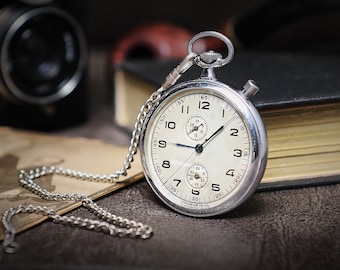 Vintage pocket watch Chronograph Slava Made in ussr in 4th quarter 1957 Original rare working collection watch Serviced by master watchmaker