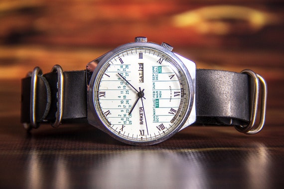 Rocket college watch Vintage mechanical Rare 1980s retro mens wristwatch Collectible working 19jew cal 2628H perpetual calendar Gift for him