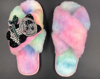 fluffy rainbow slippers