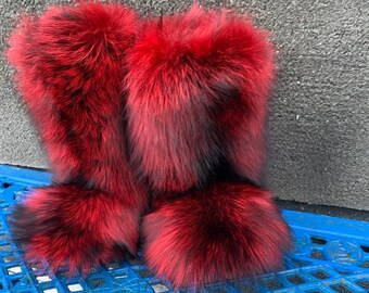 Double-Sided Silver Fox Fur Boots For Outdoor Arctic Boots Red Color Fur