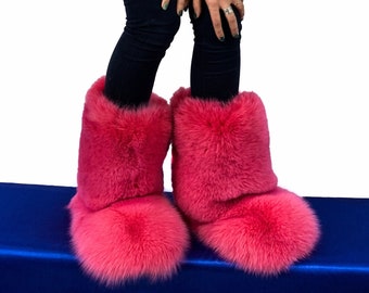 Double-Sided Arctic Fox Fur Boots For Outdoor Arctic Boots Pink Color Fur