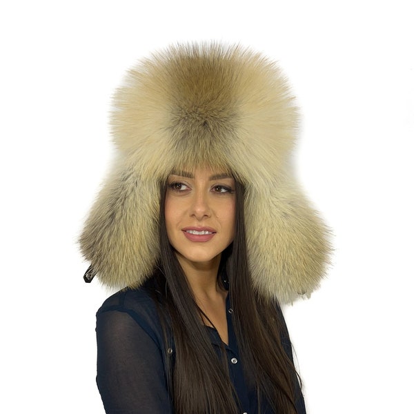 Casquette Trappeur/aviateur En Fourrure Saga Furs Golden Island Fox - Marron, Taille Ajustable, Faite Main Lituanie