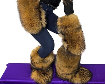 Raccoon Fur Boots & Mittens With Sheepskin Fur Set Natural Colors Fur Shoes Lined In Fur