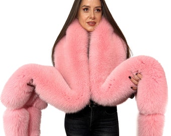 Double-Sided Arctic Fox Fur Stole 80' (200cm) + 4 Tails Light Pink Big Fur Collar Saga Furs Boa XXL
