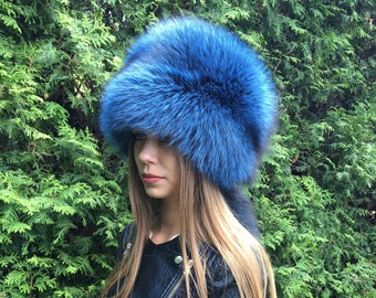 Dyed Silver Saga Fox Fur Hat Royal Blue Color All Fur