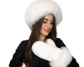 Ensemble mitaines et bonnet en fourrure de renard arctique et castor tondu Saga Furs Blanc