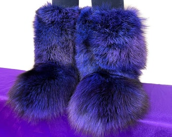 Double-Sided Silver Fox Fur Boots For Indoor & Outdoor Arctic Boots Royal Blue Color Lined In Fur