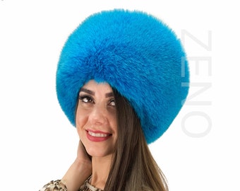 Arctic Fox Fur Hat Saga Furs All Full Hat Adjustable Fits All Ocean Blue Color Tablet Hat