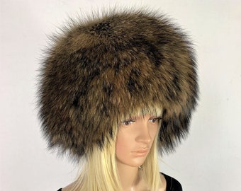 Chapeau en Fourrure de Raton Laveur Foncé Saga Furs Bonnet de Couleurs Naturelles Chapeau de Fourrure