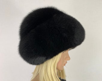 Fox Fur Beret Hat Saga Furs Double Layer Fur Hat Adjustable Fits All Jet Black Color