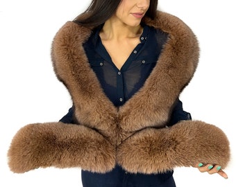 Finn Fox Fur Stole Saga Furs Big Scarf 55' (140cm) Nut Brown Collar with Transforming Cuffs / Headband / Tails