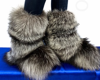 Double-Sided Silver Fox Fur Boots For Outdoor Arctic Boots Natural Colors Fur