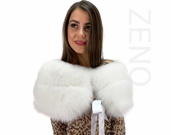 Extra Wide Arctic Fox Fur Shawl 47' (120cm) Saga Furs Royal Wrap Pure White Color Detachable Ribbon