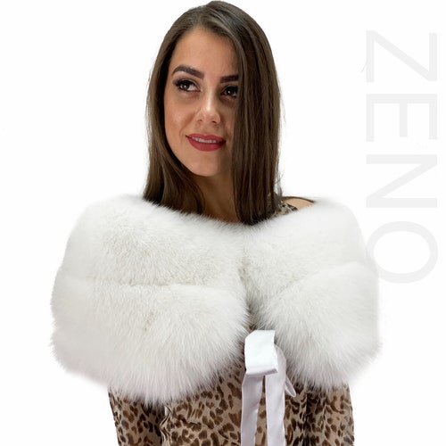 Extra Wide Arctic Fox Fur Shawl 47' (120cm) Saga Furs Royal Wrap Pure White Color Detachable Ribbon