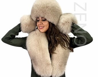 Finland Fox Fur Collar and Hat Set Saga Furs 47' (120cm) + Tails as Wristbands