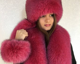 Fox Fur Collar 50' Full Fur Hat Raspberry Pink Fur Set Three Fur Tails Boa and Hat