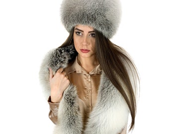 Shadow Blue Frost Fox Fur Collar & Beanie Hat Set Saga Furs Big Scarf 70' (180cm) Fur Stole