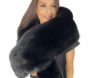 King Size Fox Fur Stole 78' (200cm) With Leather Stripes Saga Furs Boa Jet Black Big Fur Collar