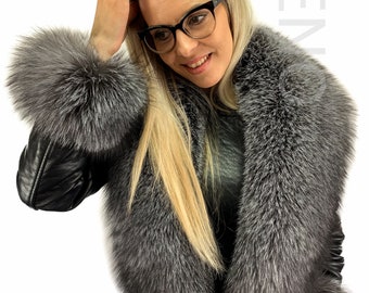 Blue Frost Fox Fur Collar 63' (160cm) With Tails as Wristbands / Headband Saga Furs Shawl Wrap Dark Silver