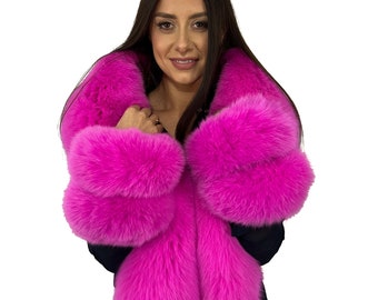 King Size Arctic Fox Fur Stole 78' (200cm) + 4 Tails / Wristbands Saga Furs Boa Fuschia Pink Big Collar