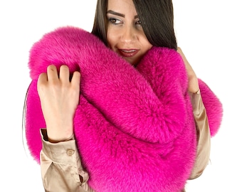 XXL Fox Fur Stole 78' (200cm) Saga Furs Boa Fuschia Pink Color Fox Fur Big Collar