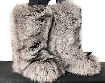 Double-Sided Silver Fox Fur Boots For Outdoor Knee High Natural Colors Fur Inside & Outside Saga Furs Shoes