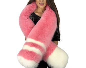 Arctic Fox Fur Stole 70' (180cm) Saga Furs Boa Light Pink Color With White Ends Fox Fur Collar Unique