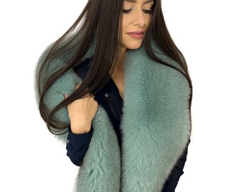 Fox Fur Stole 70' (180cm) Saga Furs Boa Collar Mint Color Fur Wrap Big Scarf